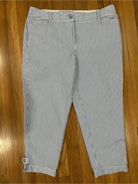 Talbots Pants Perfect Crop Pockets Button Ankle Blue White SZ. 10P